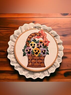 Flowers in Basket with Ribbon Crewel Picture Lace & Framed Wooden Hoop Handmade
